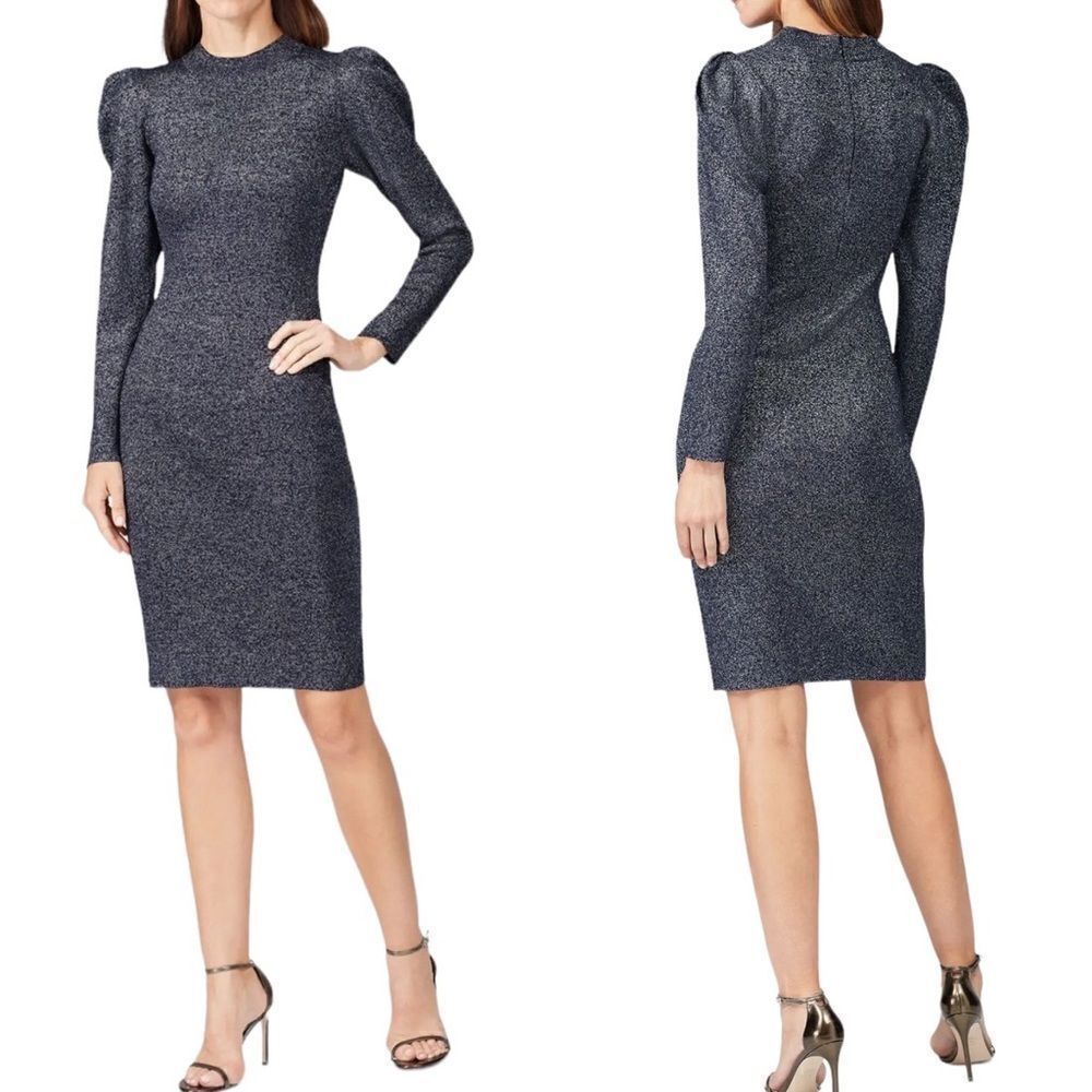 Sachin + Babi Amelie Navy Blue Silver Metallic Knit Sheath Midi Dress Sz M